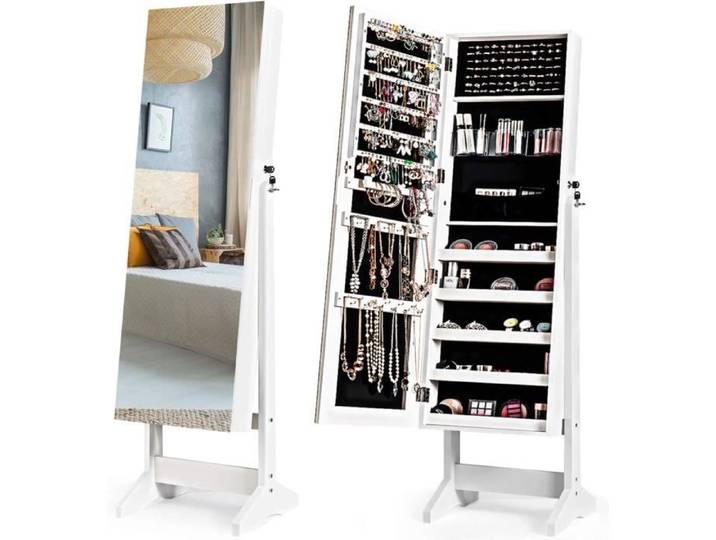 Armoire à Bijoux avec Miroir sur Pied - RELAX4LIFE - Inclinable à 4 Niveaux - 5 Étagères - Organisateur de Bijoux Verrouillable