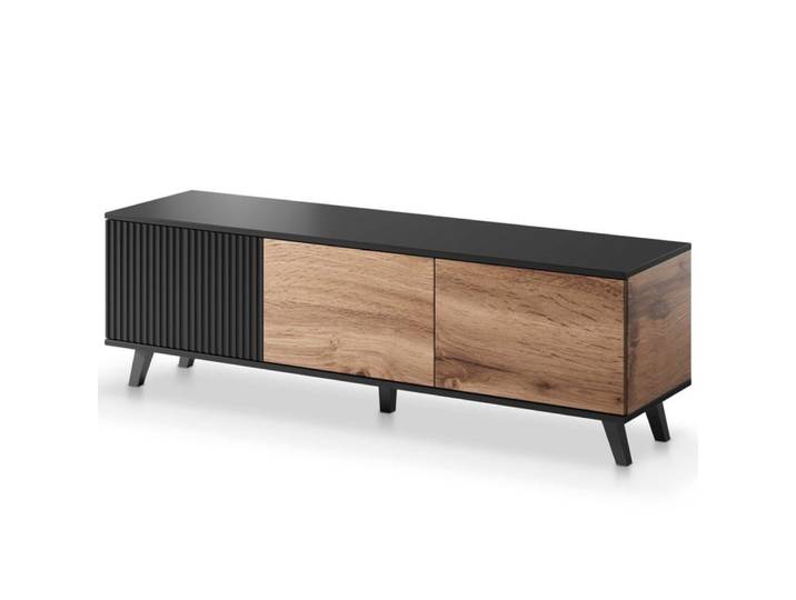 Meuble tv contemporain 3 portes aspect chêne wotan et noir 150cm