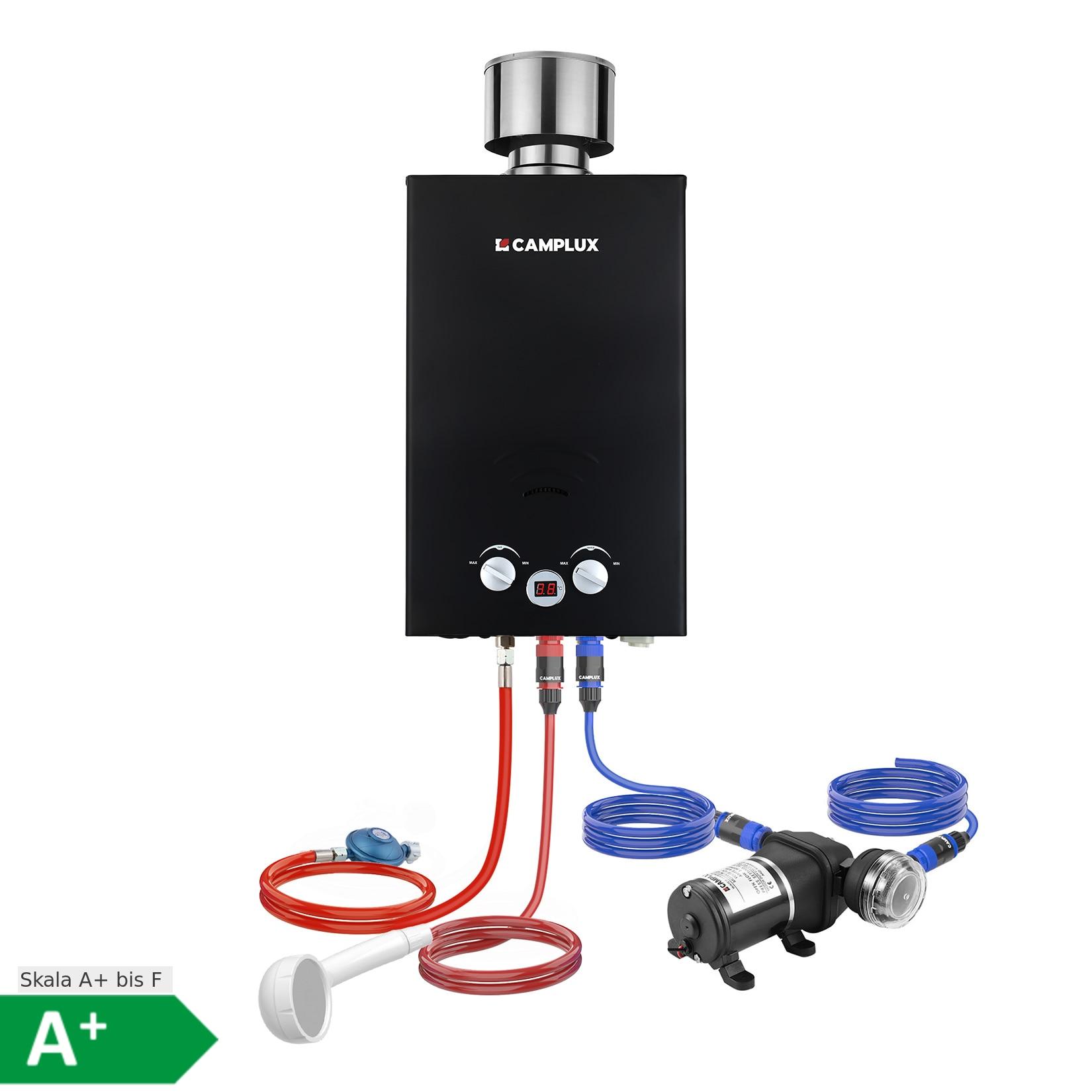 Camplux Outdoor Gas-Durchlauferhitzer mit Pumpe 20 kW, 10 L/min, Schwarz