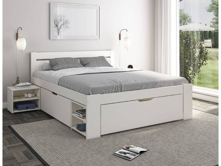 Massivholzbett GOODPRODUCT HANNES  mit Schubladen und Regalen, Nachtschrank ausziehbar, stabil , weiss (weiß), B:186cm L:205cm, Betten, Massivholzbett, FSC-zertifiziertes Kiefernholz, ideal für kleine Räume