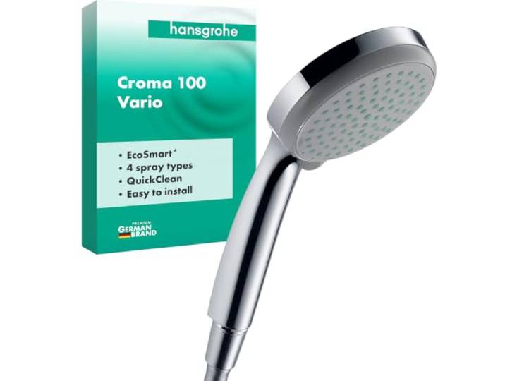 hansgrohe Croma 100 - Pommeau de douche économie d'eau avec 9 l/min (EcoSmart)\, Douchette à main avec 4 types de jet\, Douchette ronde (diamètre 100 mm)\, Chromé\, 28537000
