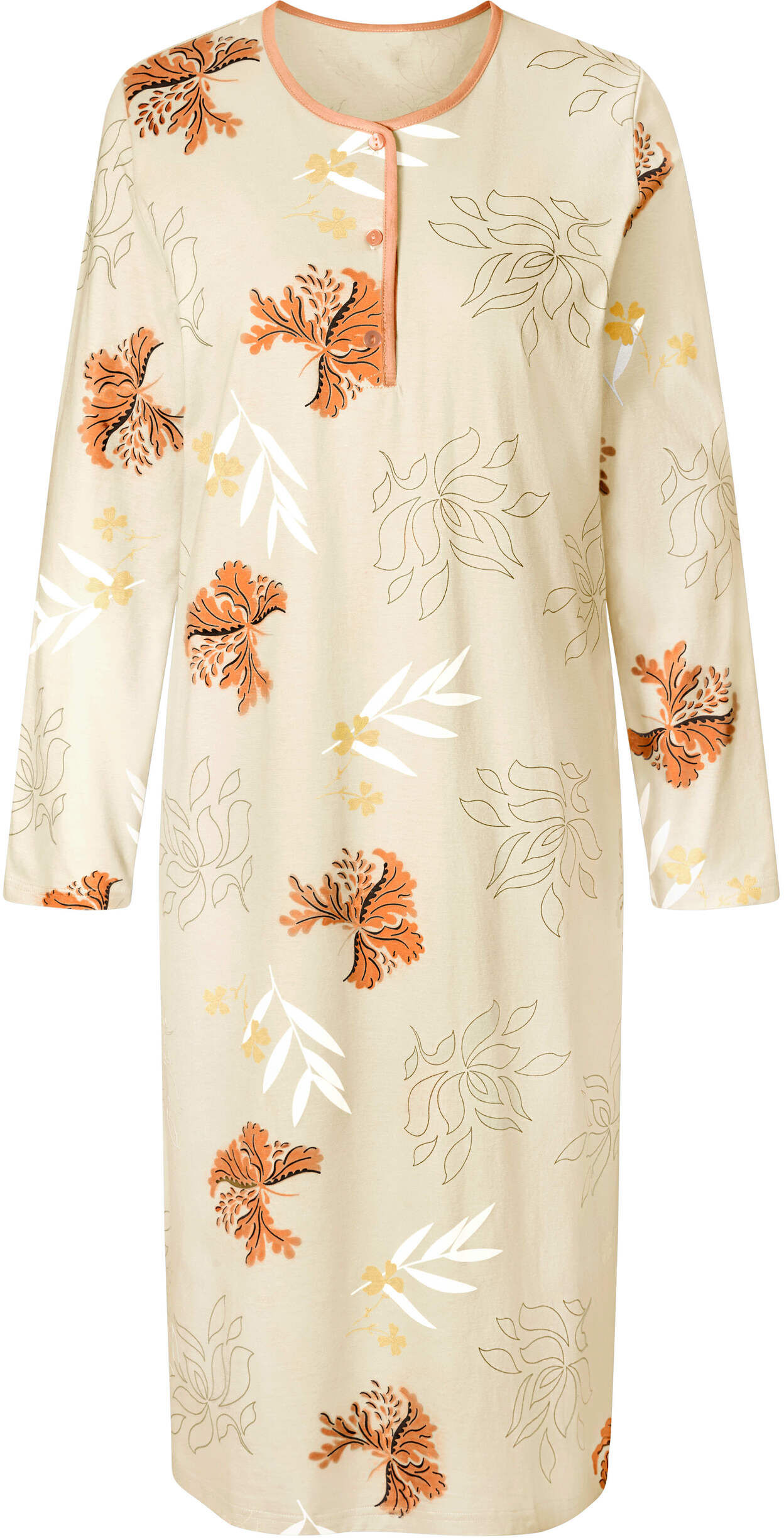 Pyjama ASCAFA "Langarm-Nachthemden Nachthemden im Doppelpack, floraler Print 2 Stück", Damen, Gr. 36/38, beige (vanille, vanille, bedruckt), Basic, Rundhals, Homewear-Sets Pyjama