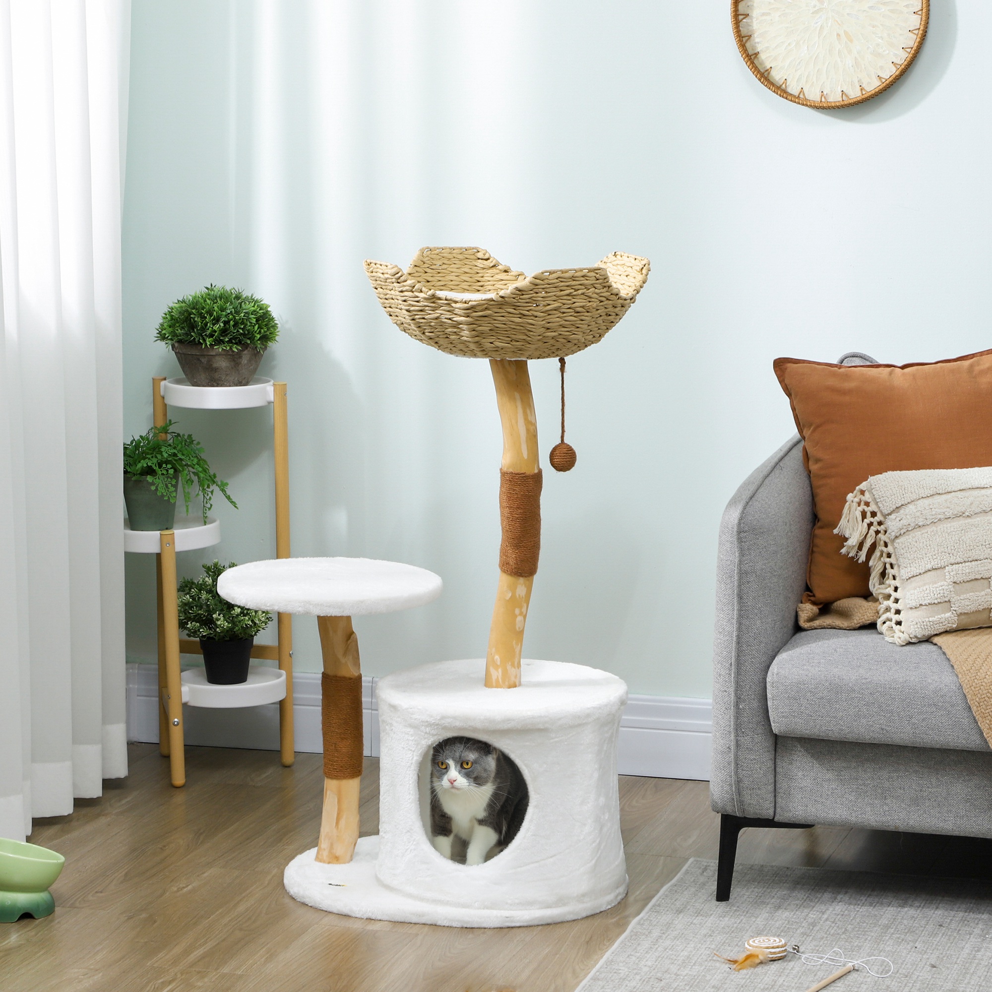 Pawhut Albero per gatti torre da gioco per gatti tiragraffi piattaforma letto cuccia cuscino morbido lavabile, 55 x 45 x 102 cm bianco   Aosom Italy