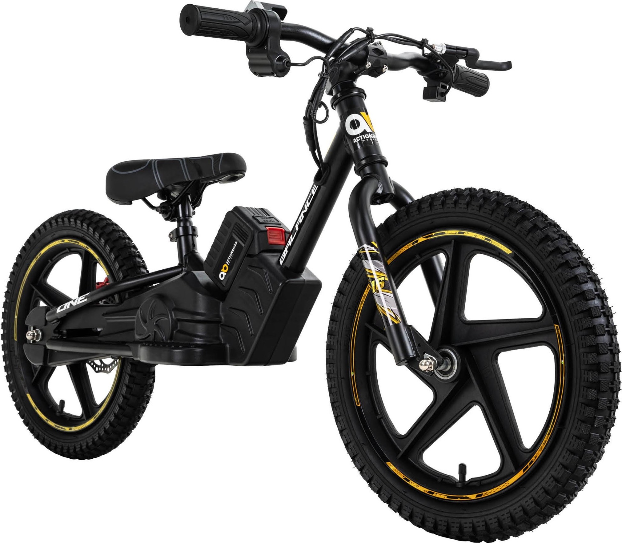 Actionbikes Motors Kinder Balance Bike 16 Zoll | Elektrofahrrad - Elektrofahrzeug - Fahrrad - 250 Watt - Scheibenbremsen - ab 5 Jahren (Schwarz/Gelb)