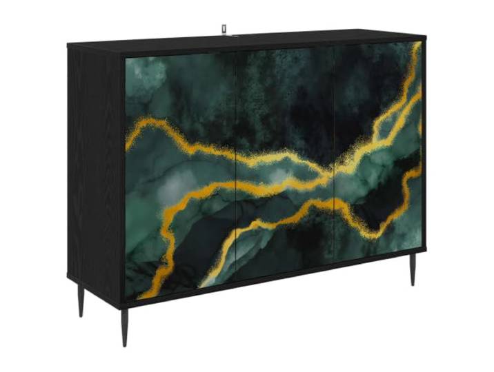 TEKGHUT Sideboard WIJHE Schwarz Eichen-Optik 102 x 33 x 76 cm Holzwerkstoff, große Fächer, dekoratives Muster, erhöhte Füße, einfache Pflege
