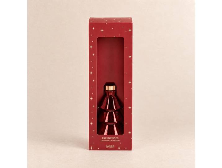 Roter Glas-Weihnachtsbaum-Diffusor (80 ml) mit Duftstäbchen, Duftrichtung „Lebkuchen“.
