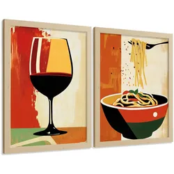 POSTER 2er Set Küchen-Wandbilder Rotwein und Pasta Vintage Retro Esszimmer Wanddeko Rahmenlos A3