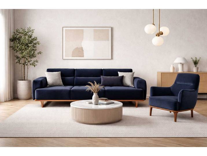 JVmoebel Polstergarnitur Polstergarnitur 4Sitzer sofa Sessel Stoff Modern Kissen Dunkelblau Neu, (2-tlg), Made in Europa