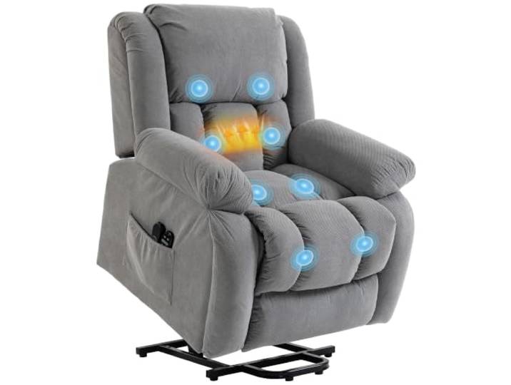 HOMCOM Elektrischer Hebessessel, Heizung & Vibrationsmassage, Grau Elektrischer Relaxsessel, verstellbare Rückenlehne, breiter Sitz, USB, Fernbedienung, Fußstütze, Seitentaschen
