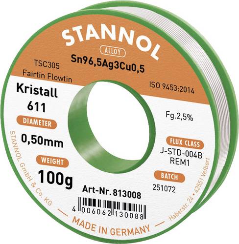 Stannol Kristall 611 Fairtin Lötzinn, bleifrei bleifrei Sn96,5Ag3Cu0,5 REM1 100g 0.5mm