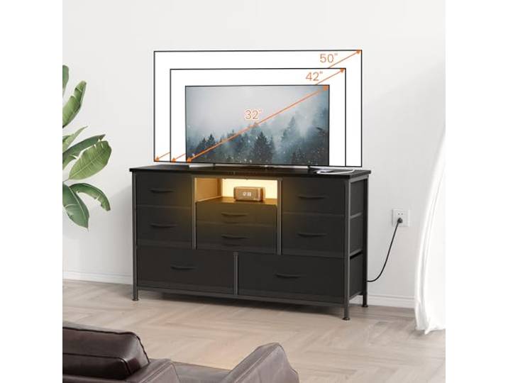 GarveeHome TV-Lowboard Mit Steckdosenleiste Inkl. USB & LED-Beleuchtung, 8–10 Stoffschubladen, Holzplatte, Für TVs Bis 55 Zoll, Breite TV-Konsole Stauraum Metallrahmen
