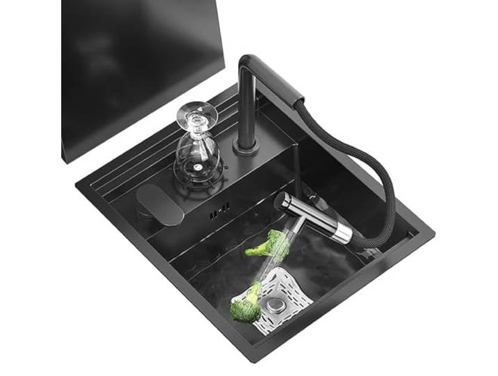 BYFHHHH Küchenspüle,Unsichtbares Küchenspüle, Küche Spülbecken Edelstahl, Mit Ausziehbarem Hebehahn Und Becherwaschfunktion,Für Kleine Küche, RV-Vorbereitungsstange A