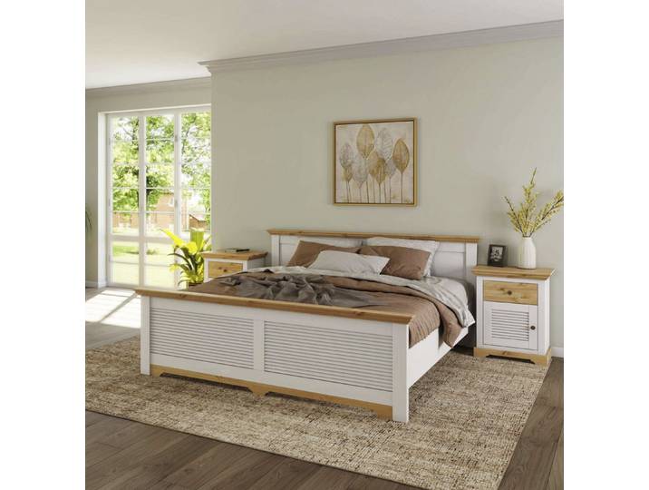 Bett GOODPRODUCT Rauna, Landhausstil, edles Design mit Lamellen und Kassetten, 2 Farben , weiss (weiß, honig, weiß, honig, weiß, honig), B:195cm H:85cm L:206cm, Betten, Bett, FSC zertifiziertes Kieferholz, massive Qualität mit Lattenrost