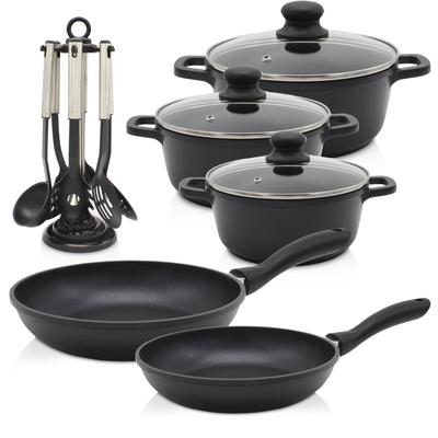 Topf-Set KRÜGER "Aluguss Topf-/ Pfannenset LEIPZIG inkl. Küchenhelfern, 15 tlg.", schwarz, Töpfe, inkl. 7-tlg. Küchenhelfer-Set