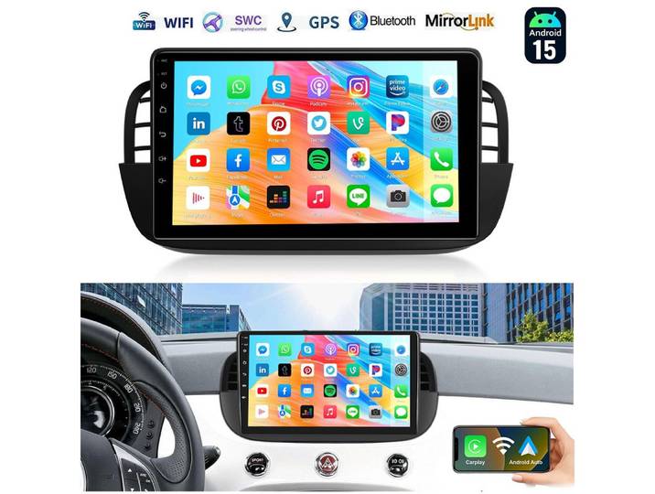 ESSGOO 9'' DAB+ Autoradio 2DIN Für Fiat 500 07-15 Android 15 Carplay GPS NAVI Autoradio (RDS, 4+64GB(optional), Digitalradio (DAB), DAB (optional), FM, GPS, SWC, Apple Carplay Android Auto GPS Navi WIFI BT EQ)