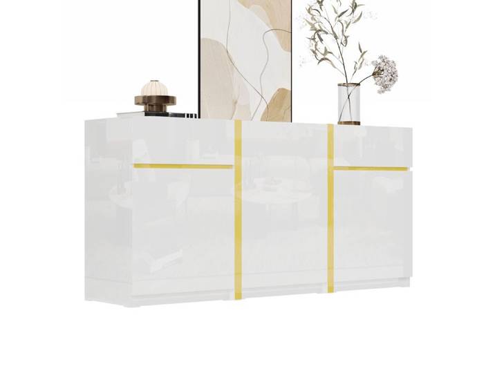 Sideboard blanc brillant avec détails dorés 3 portes 2 tiroirs 160 cm