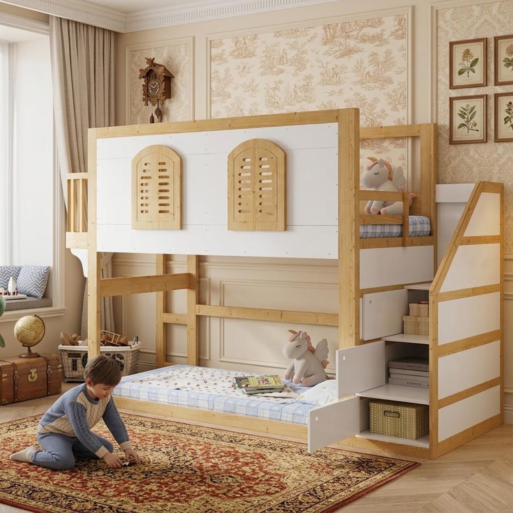 Hochbett Massivholz, Kinderbett, mit Treppenschrank, Spielfläche & Fensterdesign, stabiler Lattenrost, Kiefer + MDF+Sperrholz, Weiß+Natur, 90x200cm