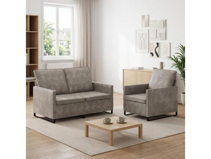 Sofa-Set 2 pcs Hellgrau Kunstwildleder Metallrahmen,Kissenrücken,Schaum-Faser-Kissen,leicht abwischbar,modernes Design