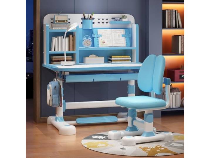 Schreibtisch kinder höhenverstellbar mit neigbarem,Kinder-Schreibtisch- und Stuhl-Set,kinderschreibtisch mit Sitzkorrektur, Ergonomischer Kinderschreibtisch Höhenverstellbar mit Buchständer (BLAU)