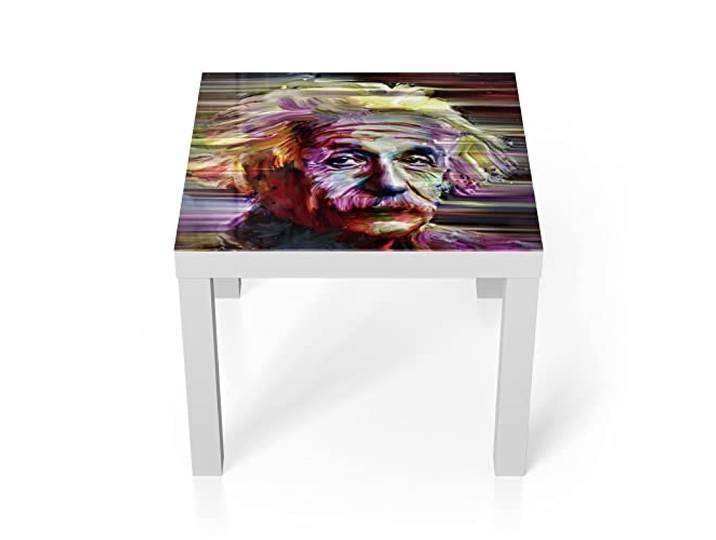 DEQORI Glastisch weiß klein 55x55 cm Motiv Albert Einstein Porträt ausgefallener Beistelltisch aus Glas Hochglanz Couchtisch fürs Wohnzimmer moderner Couch Tisch mit Design