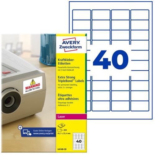 AVERY Zweckform 800 Folien-Kraftklebe-Etiketten L6140-20 weiß 45,7 x 25,4 mm