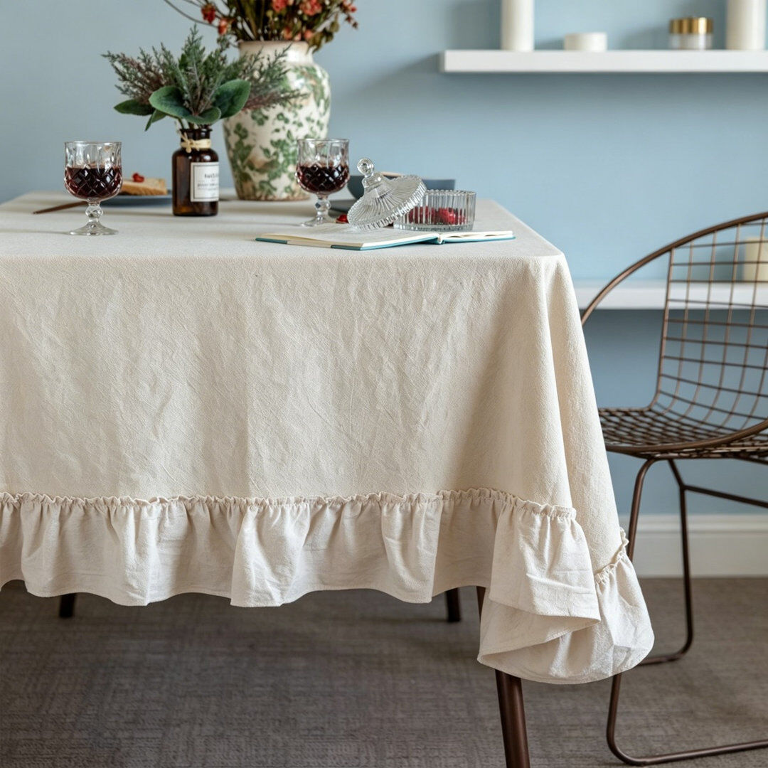 Brambly Cottage White Retro Farmhouse Ruffle Flounce Cotton Tablecloth , Washable Rectangular Table Cover For Baby Shower, Kitchen Party & Wedding Table Decoration White 178*132