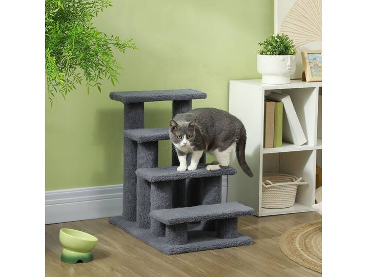 PawHut Escalier pour animaux de compagnie avec 4 marches revêtement effet laine bouclée 61 x 41 x 60 cm gris