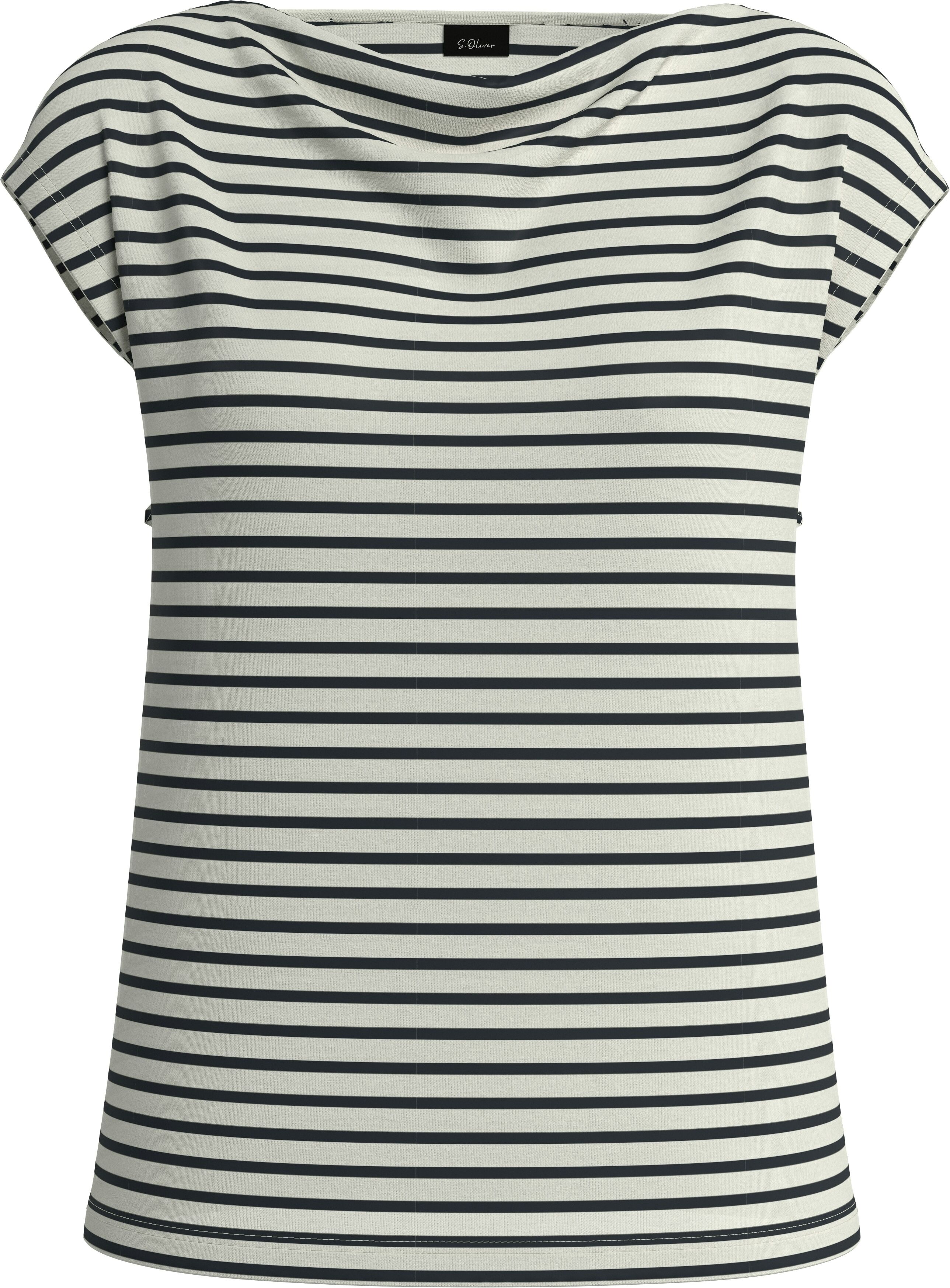T-Shirt S.OLIVER BLACK LABEL, Damen, Gr. 36, schwarz-weiss (weiß stripe), Jersey, Obermaterial: 95% Baumwolle, 5% Elasthan, gestreift, normal hüftbedeckend, Wasserfallausschnitt, Shirts T-Shirt, mit Wasserfallausschnitt und Streifen-Design weiß stripe 36