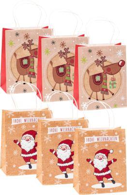 TSI Geschenktüten Set Serie 1.6, 6-teilig, 3 x Motiv „Nikolaus - Frohe Weihnachten“/3 x Motiv „Rentier“, Kraftpapier, braun