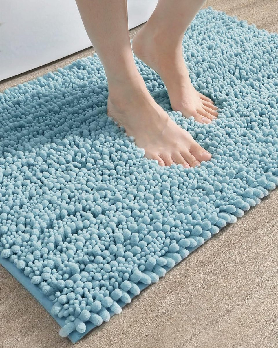 Lichtblauwe Chenille Badmat met Antislip voor Badkamer en Douche, 46 x 51 cm