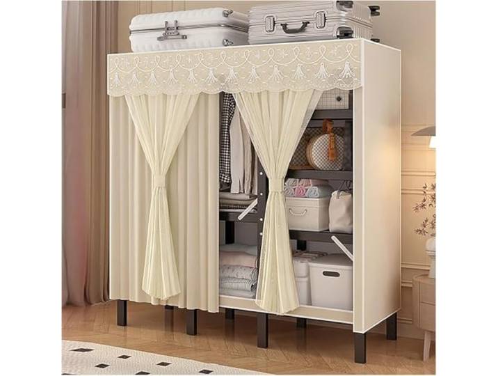 MmcdylyhEU Faltbarer, tragbarer Kleiderschrank mit Abdeckung, Metall-Kleiderständer for Aufhängen, platzsparender Kleidungsstück-Organizer(Yellow,150cm/59.1inch)