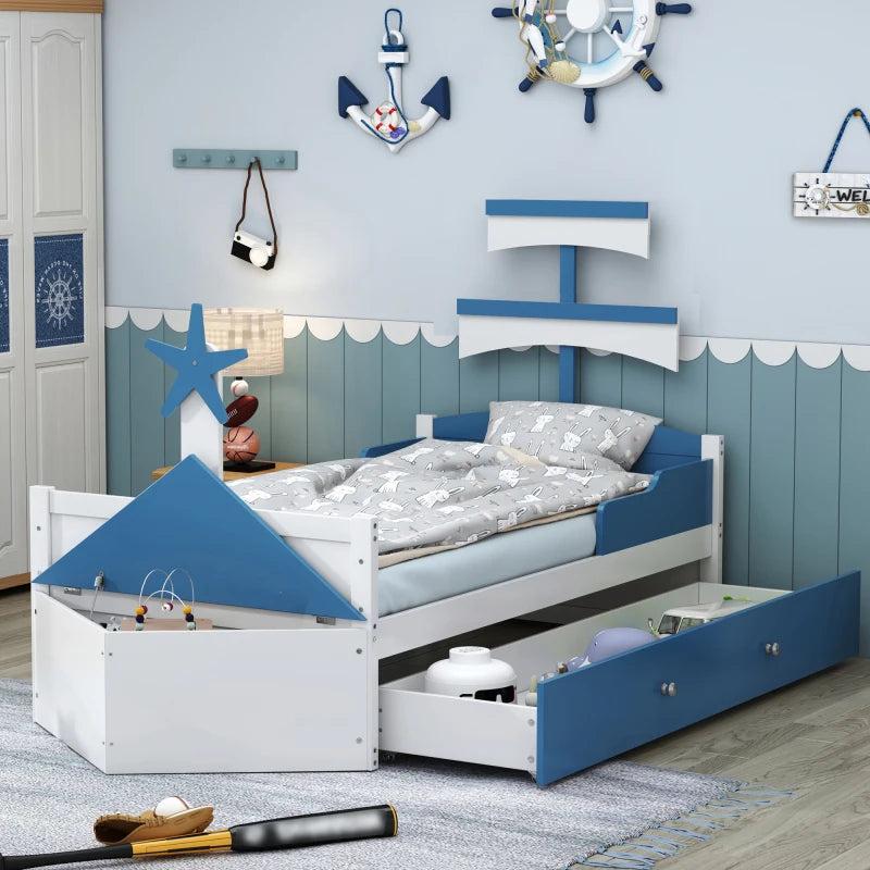 Kinderbett - Einzigartiges Design im Stil eines Segelboots - Mit Stauraum - Einzelbett