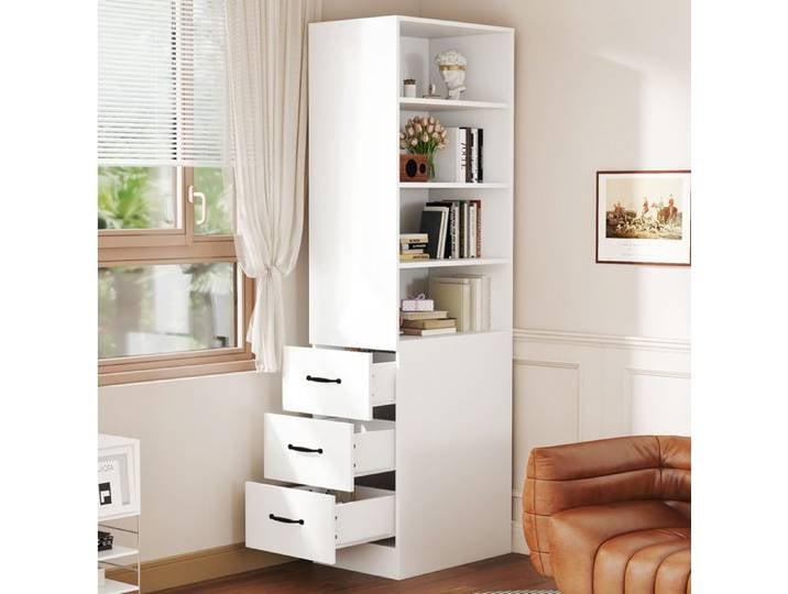 Bibliothèque étroite AESVAR 180 cm 3 tiroirs latéraux 4 niches blanc panneaux de particules