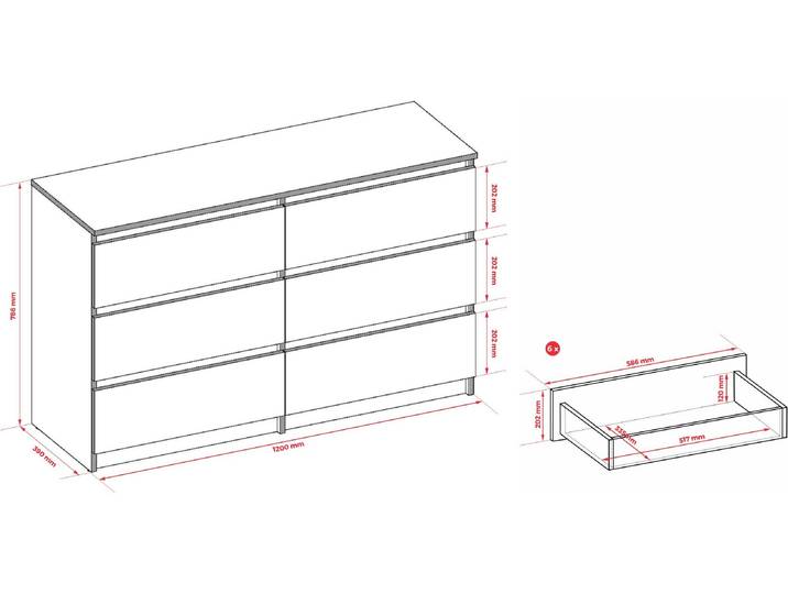 Commode 6 120cm - avec 6 tiroirs en chêne Sonoma / divers coloris et tailles