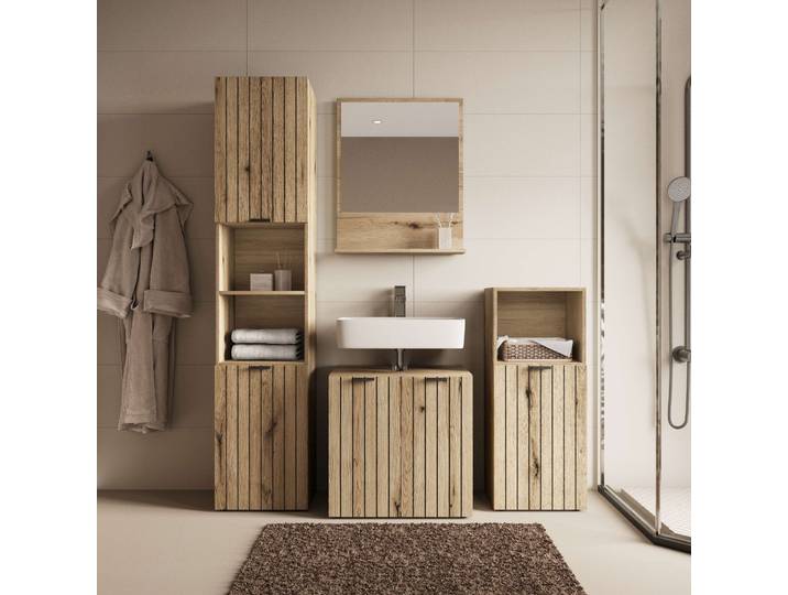Badmöbel-Set GOODPRODUCT Baltrum , braun (evoke, eiche), B:180cm H:187,7cm T:30,6cm, Melamin, Spanplatte, Kastenmöbel-Sets, Badmöbel-Set, mit Melaminbeschichtung, dekorative Rillenoptik, modernes Design