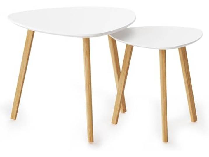 BAMEOS Beistelltisch aus Bambus, stapelbar, dreieckig, modern, minimalistisch, Couchtisch für Wohnzimmer, Balkon, Weiß, 2 Stück