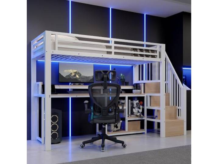 YAIXBNG Hochbett, 90 x 200 cm, Metallbettgestell, Leiterschrank, Ablagefach, USB + Typ-C, LED-Lichtleiste, Ohne Matratze, Weiß