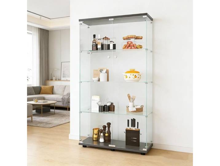Vitrine en Verre pour Collection Armoire de Collection Moderne à 4 Couches avec 2 Portes Vitrine Verre LED 80.5x36.3x164.3cm Noir