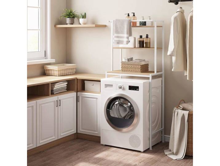 Étagère WC 3 Niveaux avec Meuble Machine à Laver Rangement Buanderie Chêne Clair Barre Suspension Incluse 67x40x162cm