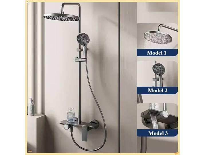 Système de douche à sortie d'eau à trois voies, Type bouton gris, ensemble de robinets de douche de salle de bains muraux, ensemble de douche pressurisée à pluie