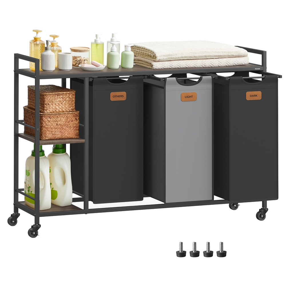 VASAGLE Wäschekorb 3 Fächer mit Rollen und abnehmbaren Taschen BLH312B01