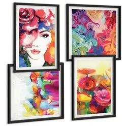 BILDER SET 4er Set - 50x50 cm & 40x60 cm Schwarzer Rahmen - Porträt von Blumen in intensiven Farben