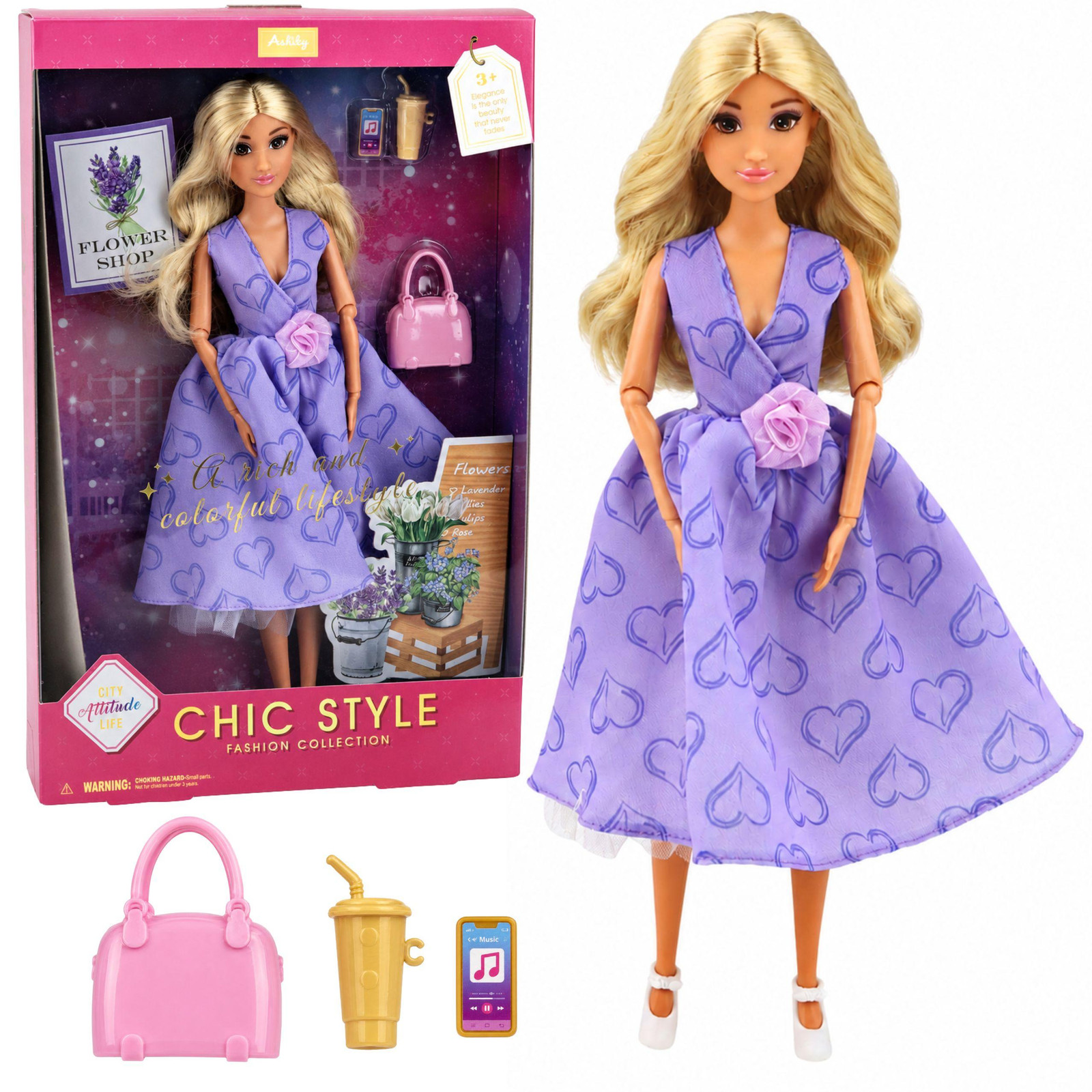 Lean Toys Anlily modepop in paarse jurk met hartjes en tasaccessoireset