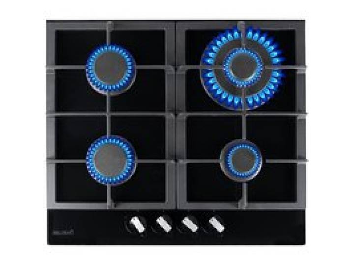 BELDEKO - Plaque de cuisson Gaz verre noir 4 Feux - Gaz ville et bouteille - grilles en fonte - 8000 Watts