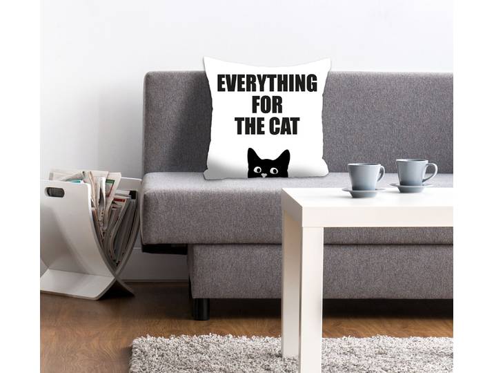 Dekokissen QUEENCE EVERYTHING FOR THE CAT , schwarz (schwarz, weiß, bedruckt), B:40cm L:40cm, Polyester, Dekokissen_Sitzkissen_Kissenhüllen, Dekokissen, Kissenhülle,Everything for the cat,Spruch,Weiss,Minimalistisch,Lustig