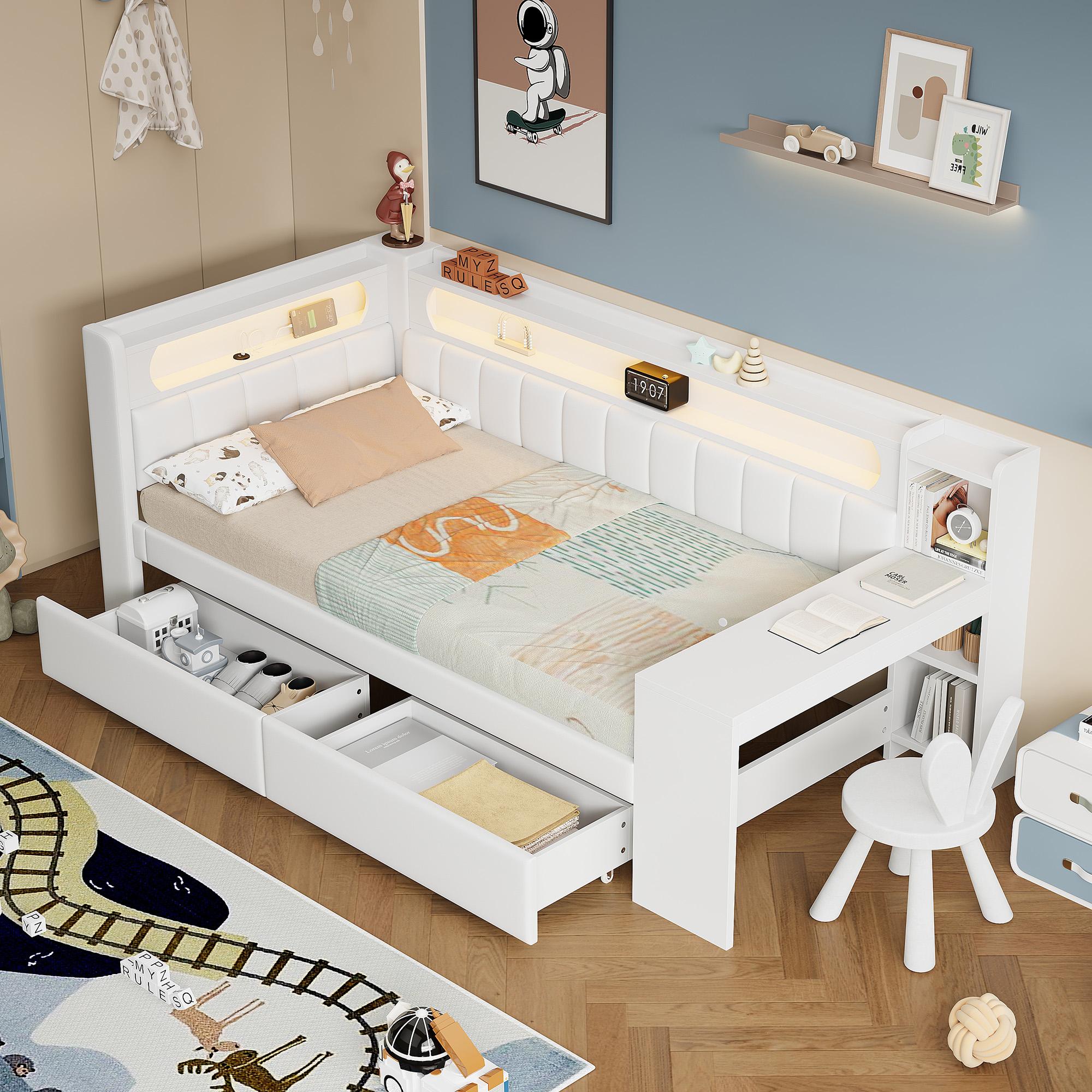 Abrihome Kinderbett Schlafsofa 90x200 cm mit Schreibtisch und 2 Schubladen, Polster-Tagesbett mit USB und LED, Weiß