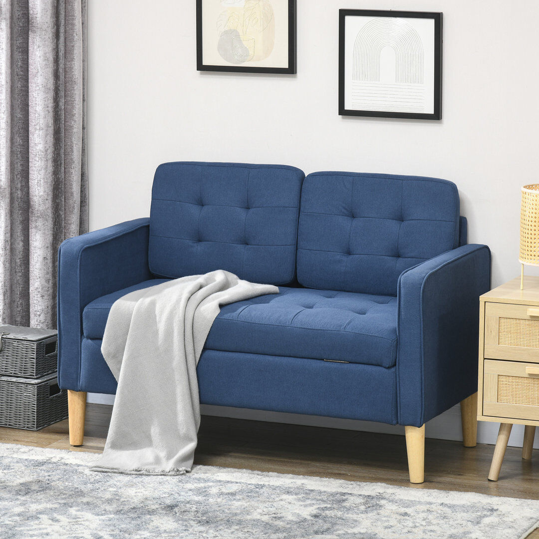 Mistana Saladin 2 Seater Storage Sofa Hidden Under Seat Storage Compact Blue Cotton Blend 78cm H X 117cm W X 62cm D