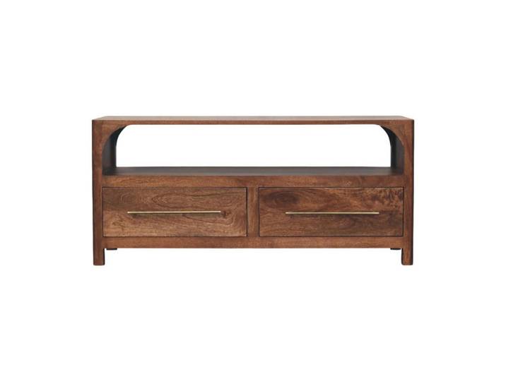 Artisan Furniture Medienkonsole mit Roasted-Almond-Finish, 2 Schubladen, 1 offene Ablage, sanftes Braun, Holz, Echtholz,Mangoholz, Rechteckig,Rechteckig, 110x50x35 cm, Wohnzimmer, TV Möbel, Lowboards, Lowboards stehend