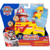 Paw Patrol Fire Rescue - Rubbles Rettungs-Truck, Spielfahrzeug mit Schaufel und Geschossen sowie Rubble Hundefigur