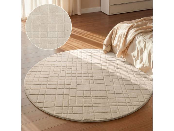Wollteppich VILLEROY & BOCH Kenso , beige, H:15mm Ø:160cm, Wolle, Teppiche, Wollteppich, Wolle, Kariert, Natur, Handgemacht, Wohnzimmer, Schlafzimmer, Hygge